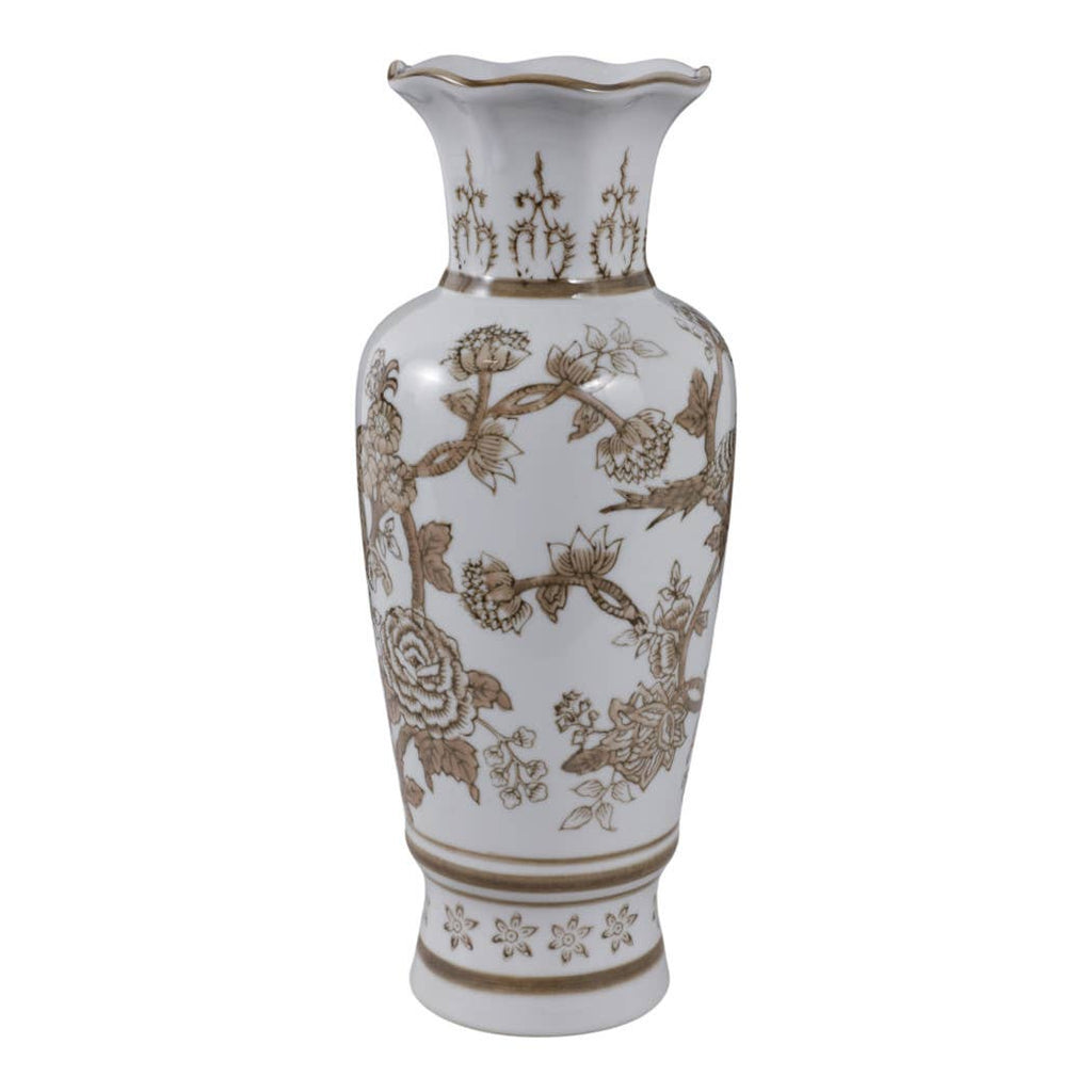 Br/Wh Vase Bird/Vines 12"