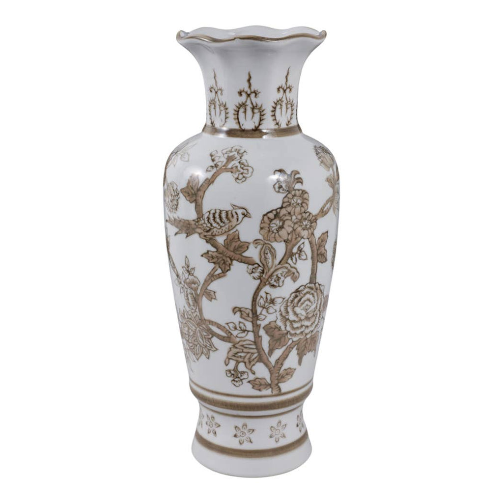 Br/Wh Vase Bird/Vines 12"