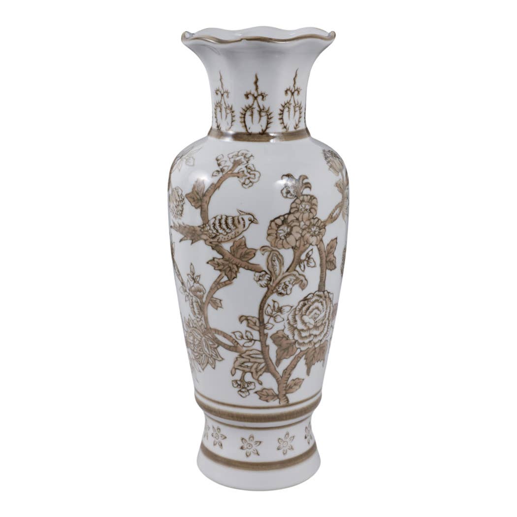 Br/Wh Vase Bird/Vines 12"
