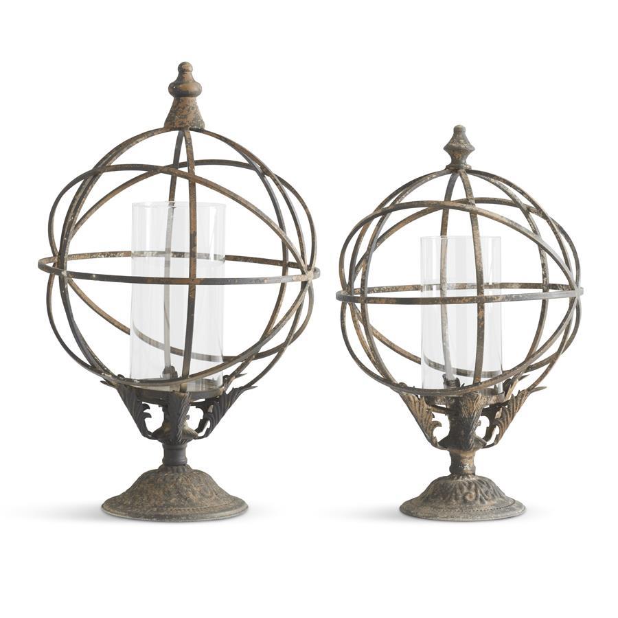 Distressed Metal Armillary Candleholders W/Glass Cylinder*