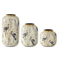 Cream, Black & White Crane Enameled Vases