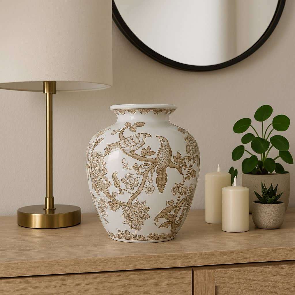 Br/Wh Ceramic Bird/Vines