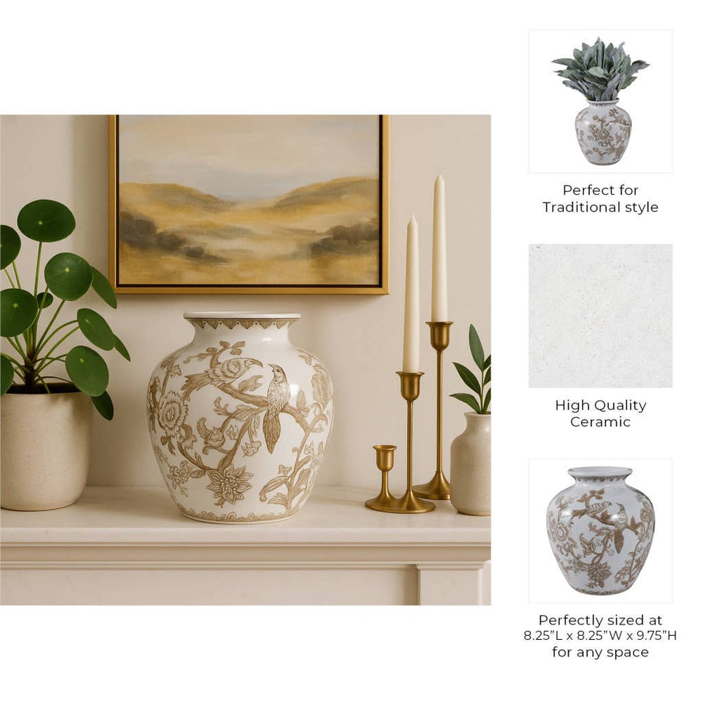 Br/Wh Ceramic Bird/Vines