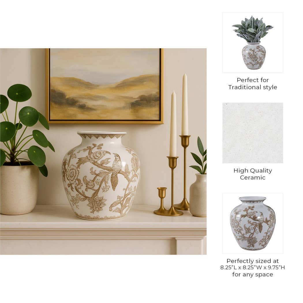Br/Wh Ceramic Bird/Vines