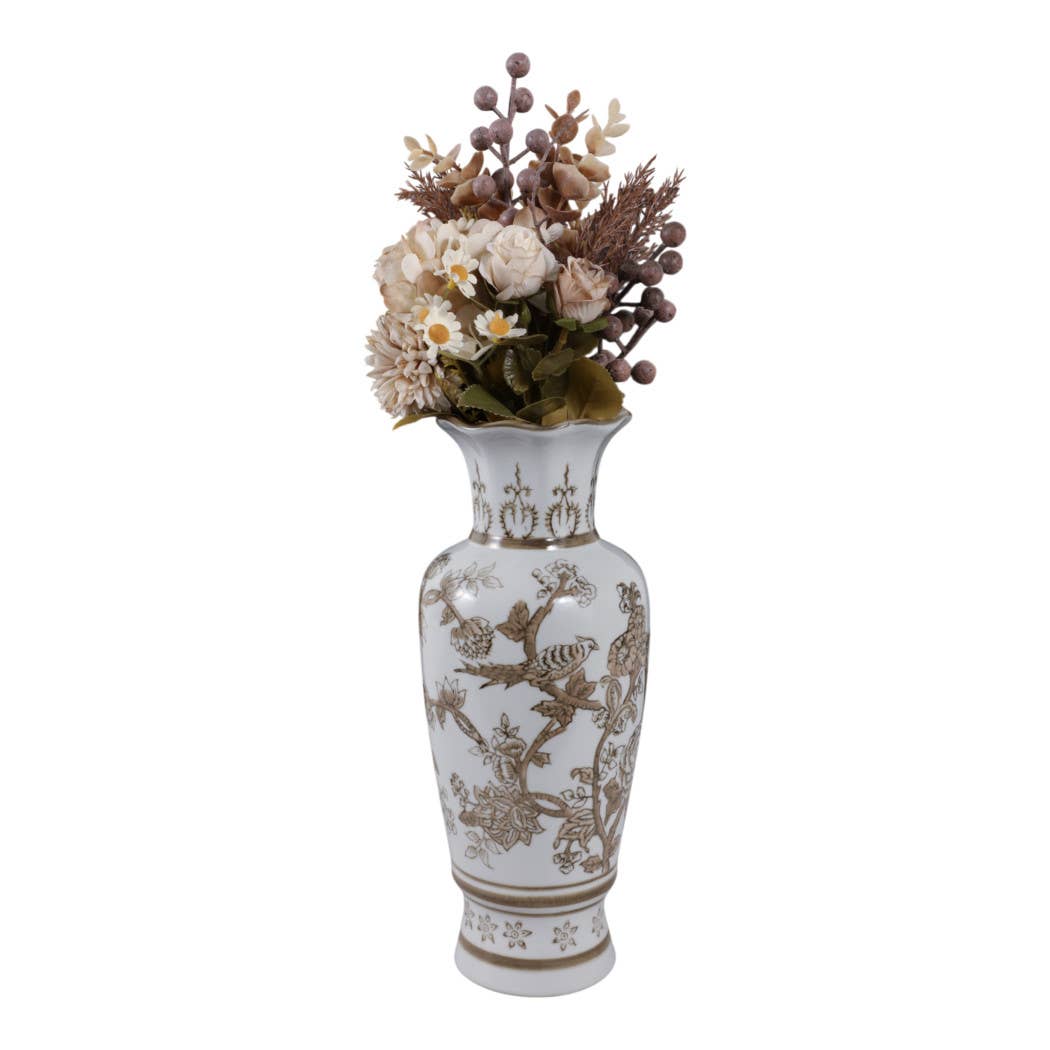 Br/Wh Vase Bird/Vines 12"