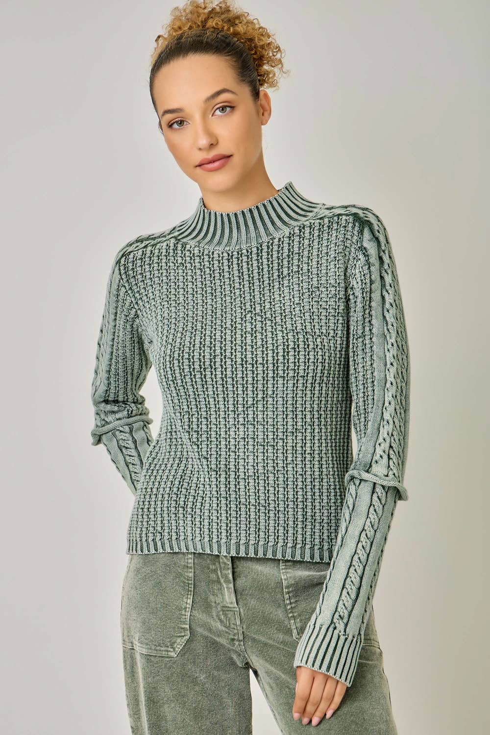 Andrea Washed Cable Mock Neck Sweater