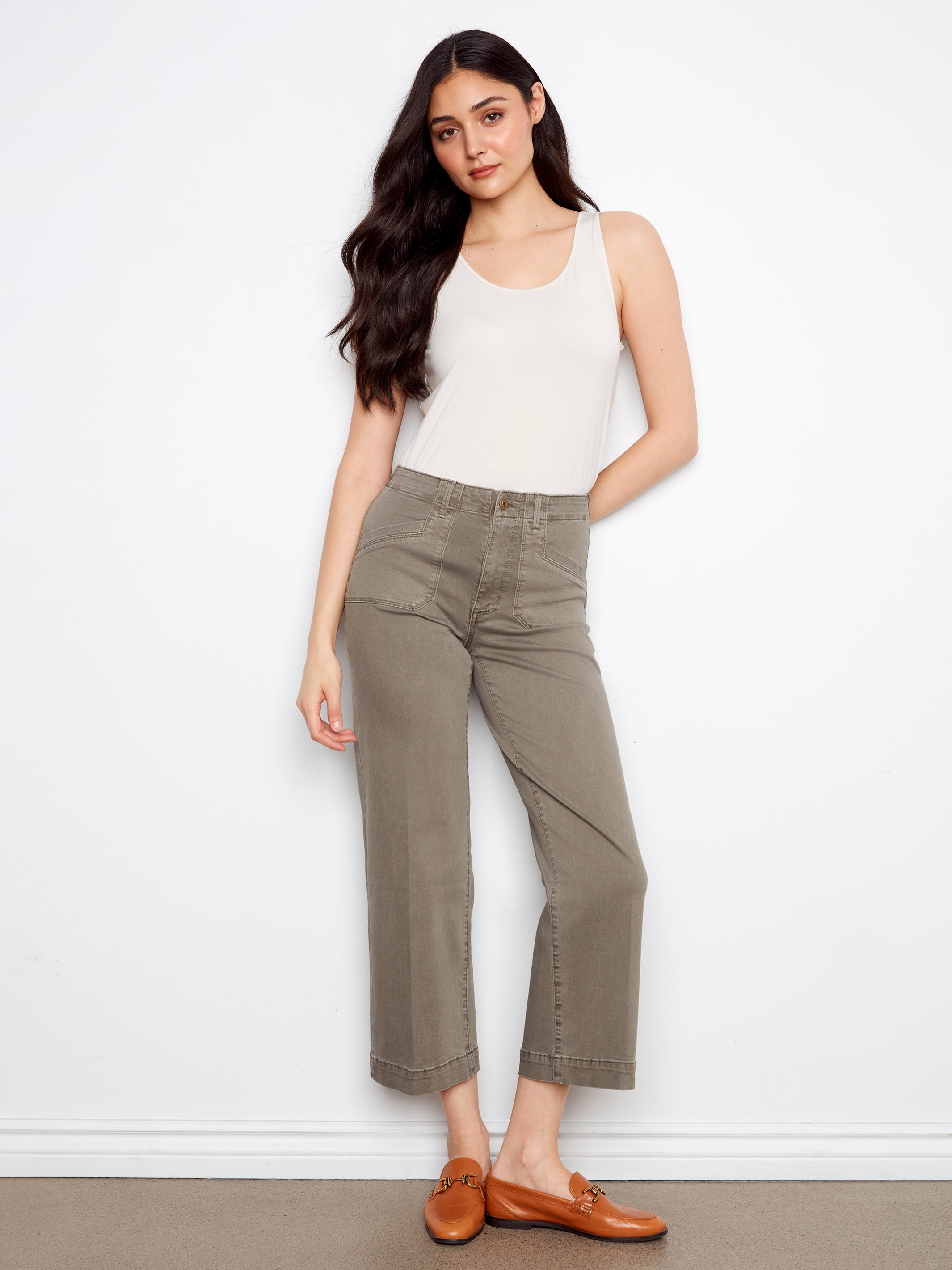 Liv Sage Cropped Leg Twill Pants With Patch Pockets