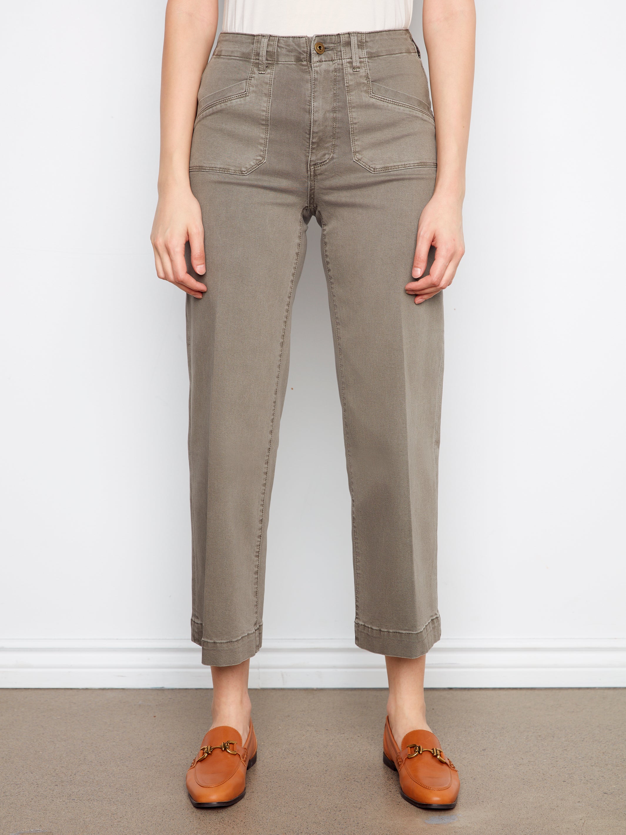 Liv Sage Cropped Leg Twill Pants With Patch Pockets