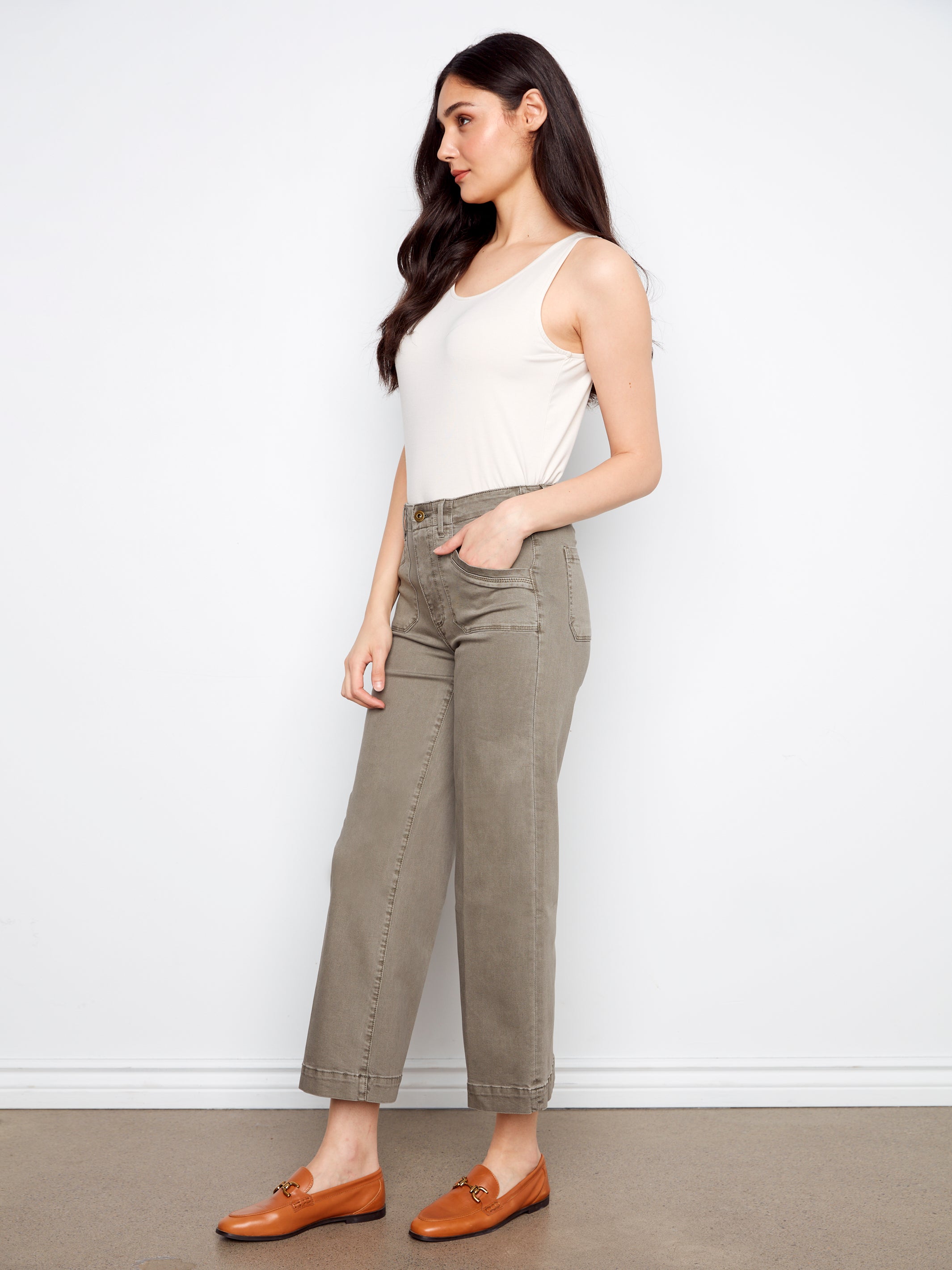 Liv Sage Cropped Leg Twill Pants With Patch Pockets