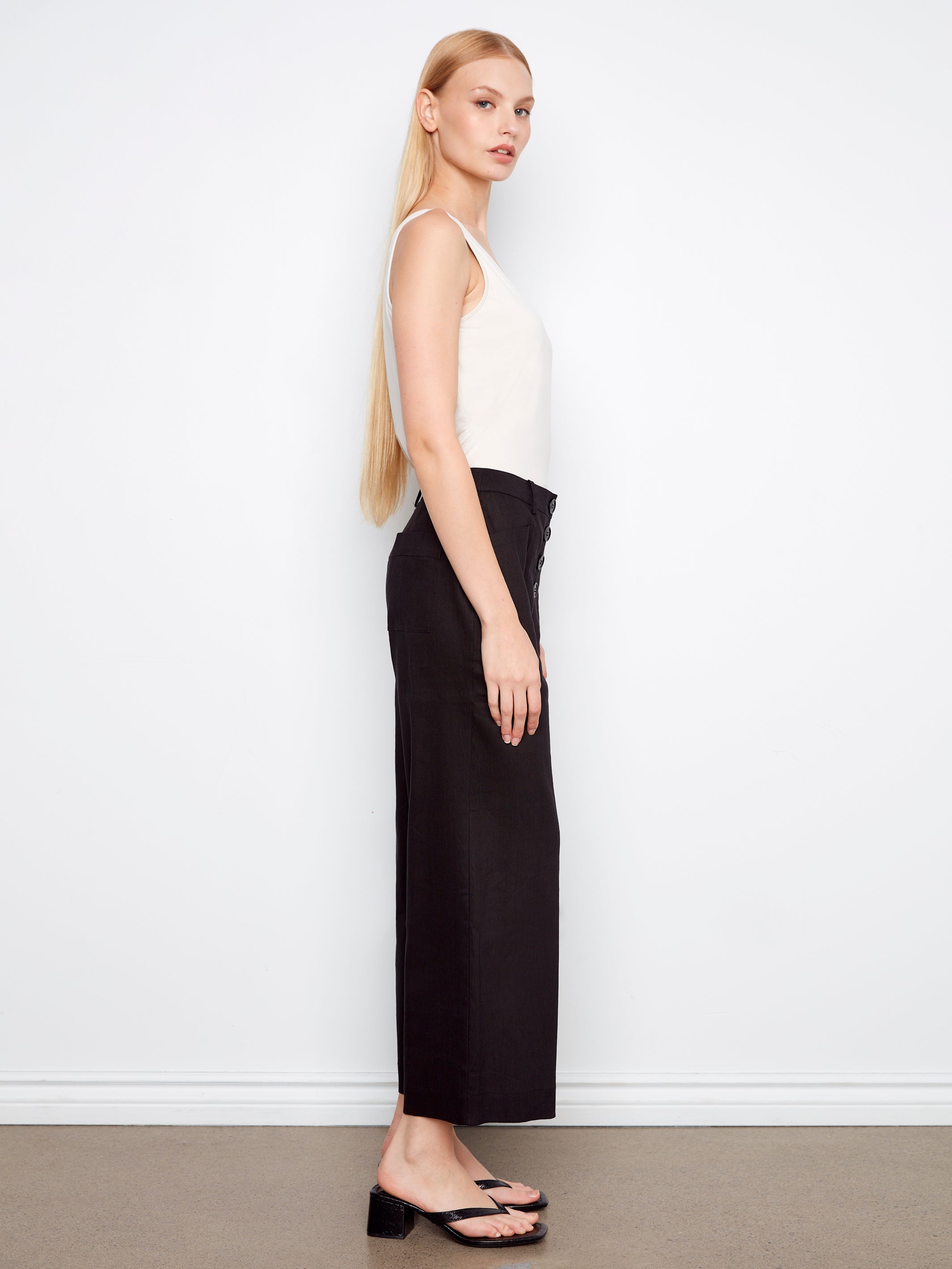 Jenny Stretch Linen Wide Leg Button Front Pants
