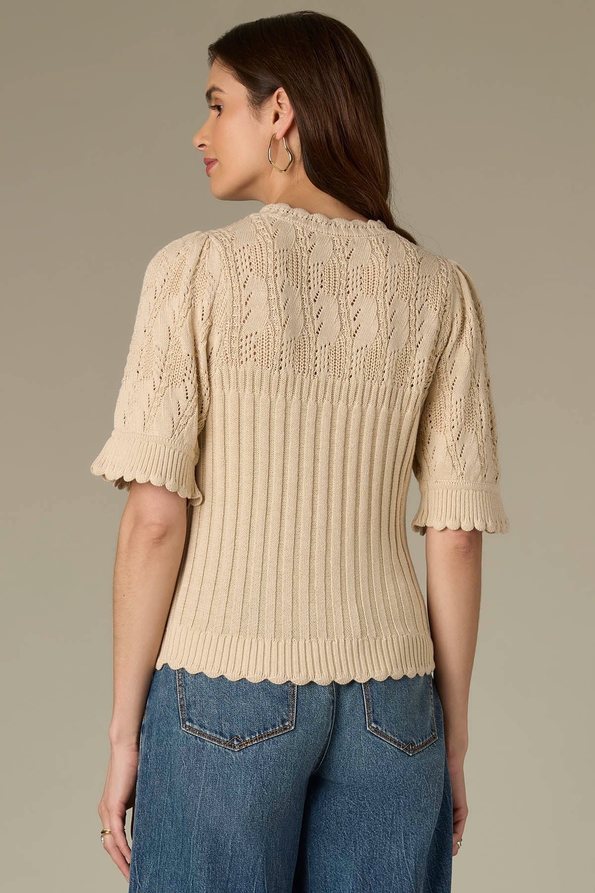 Lennon Flounce Sleeve Mixed Stitch Sweater**