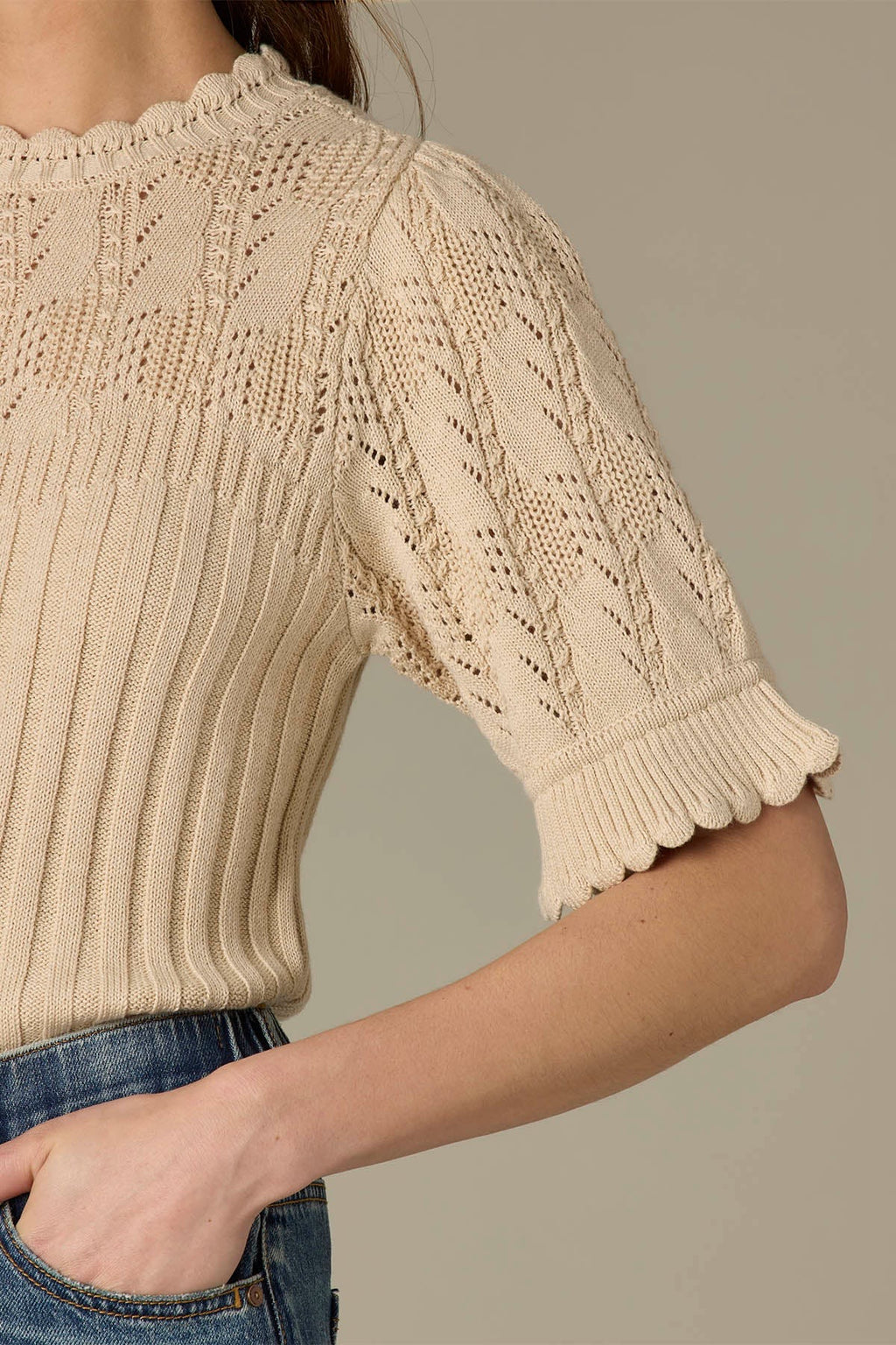 Lennon Flounce Sleeve Mixed Stitch Sweater**