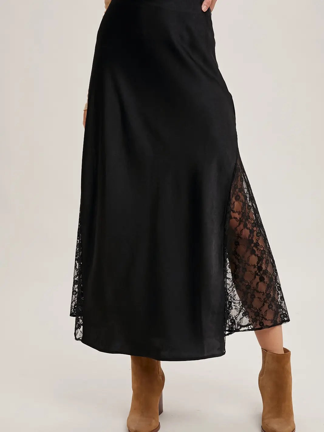 BI Lace Trimmed Mid-Rise Satin Midi Skirt**