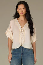 Remi Tied V-Neck Lace Button Down Top