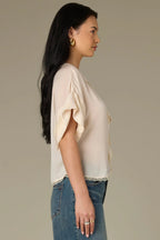 Remi Tied V-Neck Lace Button Down Top
