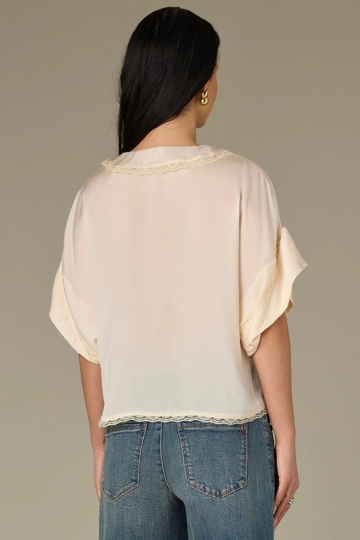 Remi Tied V-Neck Lace Button Down Top