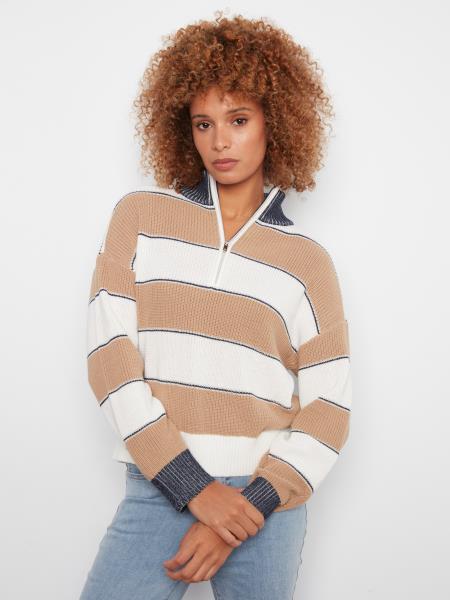 Natalie Zipped Mock Neck Striped Sweater