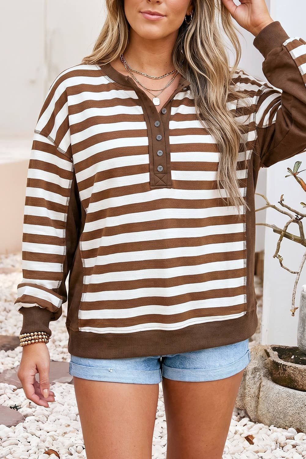 Stevie Color Block Patchwork Button Sweatshirt