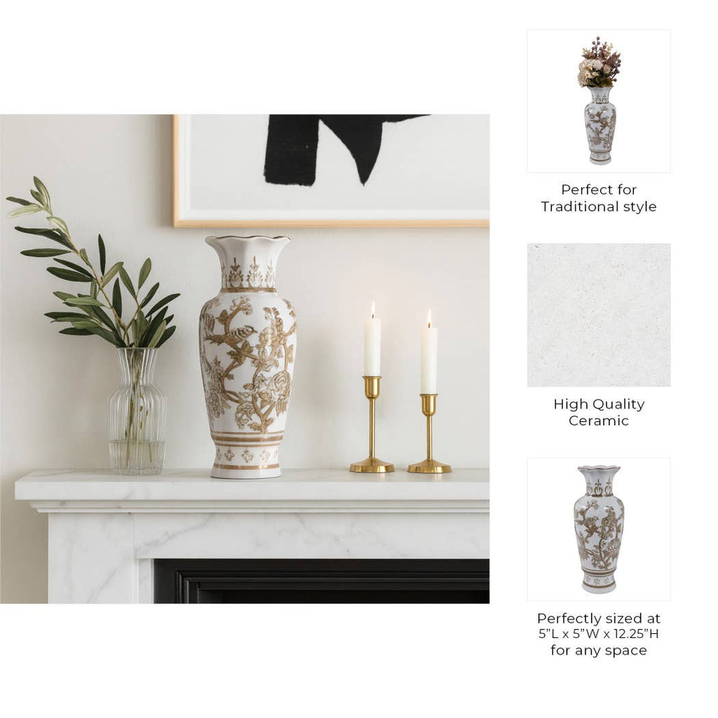 Br/Wh Vase Bird/Vines 12"