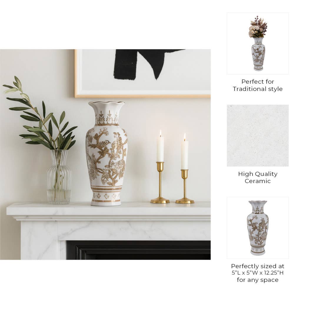 Br/Wh Vase Bird/Vines 12"
