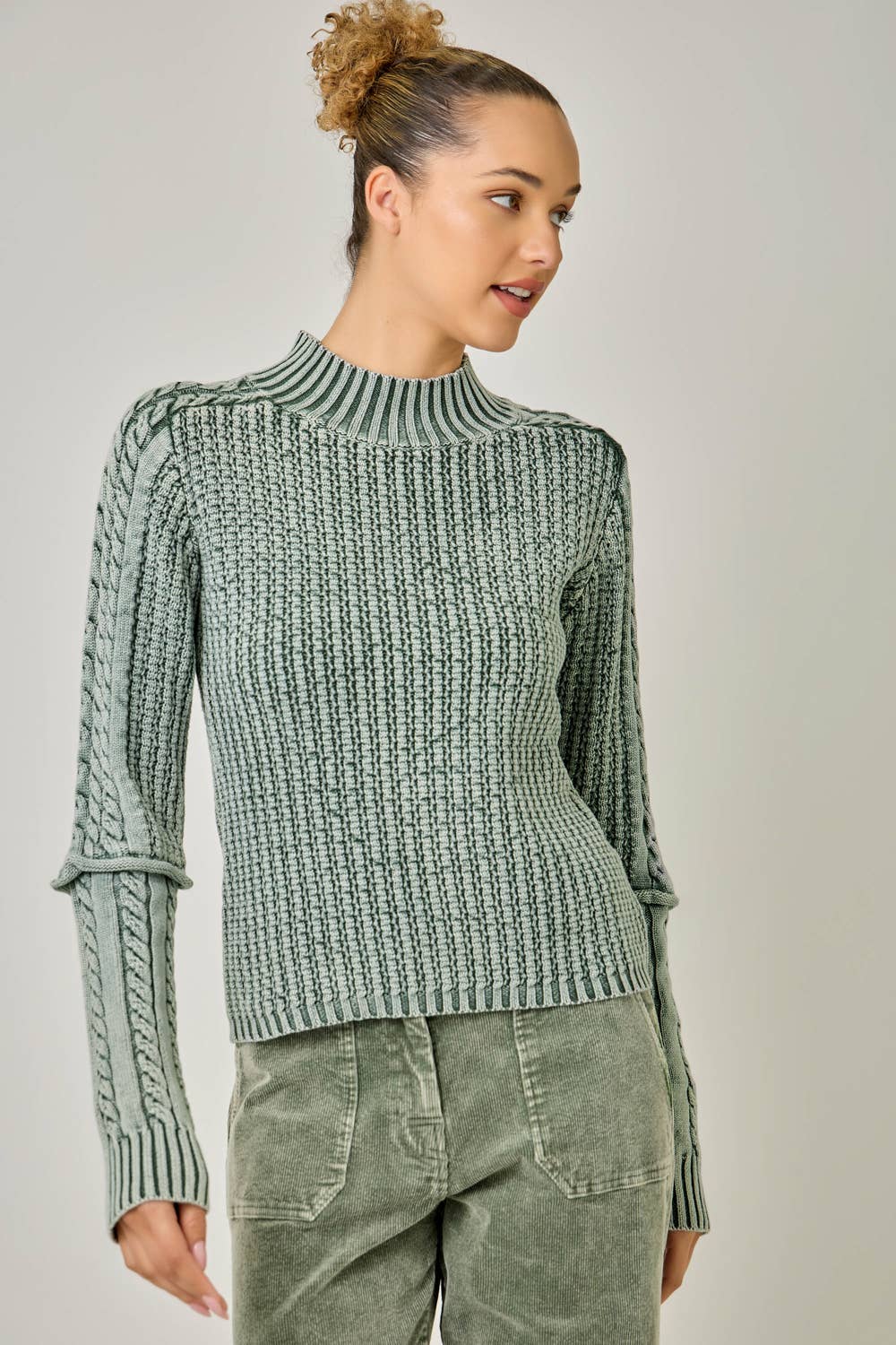 Andrea Washed Cable Mock Neck Sweater