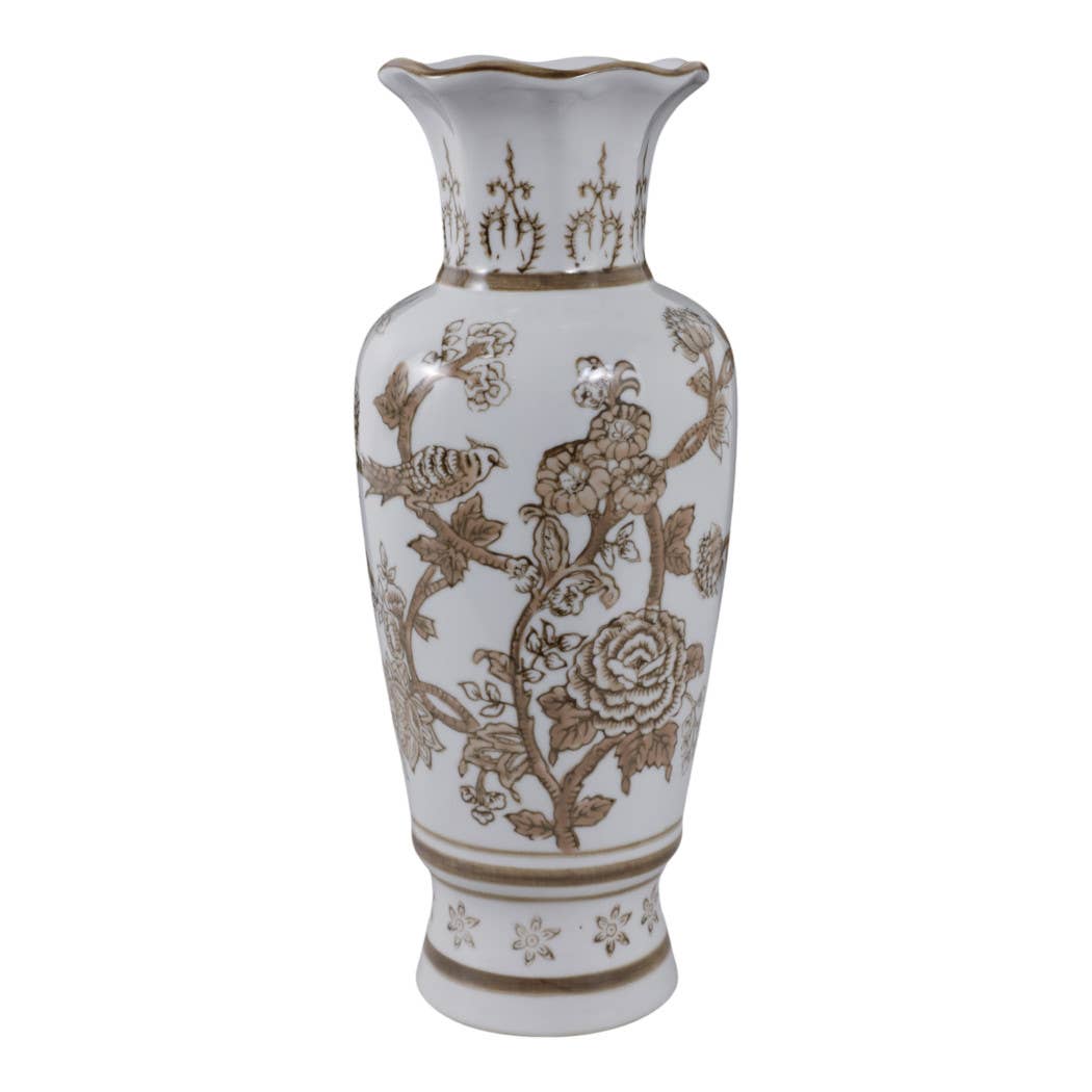 Br/Wh Vase Bird/Vines 12"