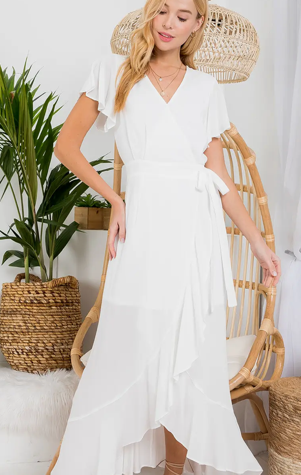 BI D00957 Ruffle Hem Maxi Wrap Dress